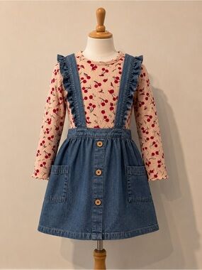 Wonder Nation Denim Overall Skirt & Pink Cherry Top 4T